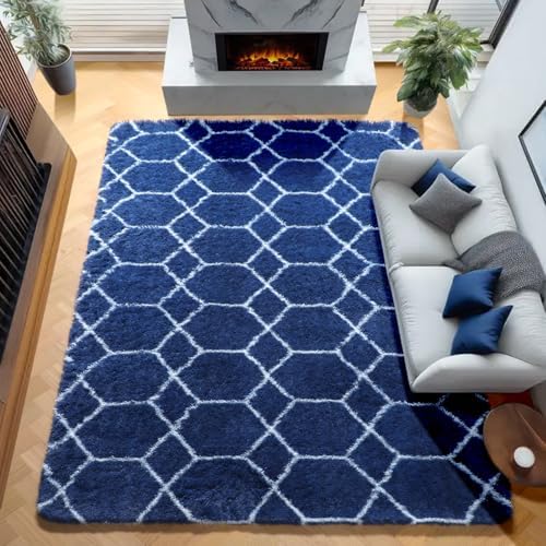 7x9 Area Rugs for Living Room Bedroom, Fluffy Navy Blue and White Boys Rug - Image 5