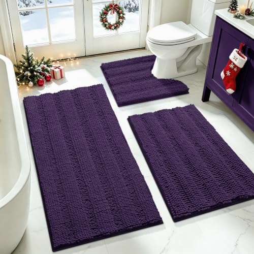 Striped Eggplant Purple Bathroom Rug Set 3 Pieces Ultra Soft, Non Slip Chenille Bath Carpet, Absorbent Plush Shaggy Bath Mats for Bathroom, Toilet, Bedroom, Kitchen by ACCUMTEK