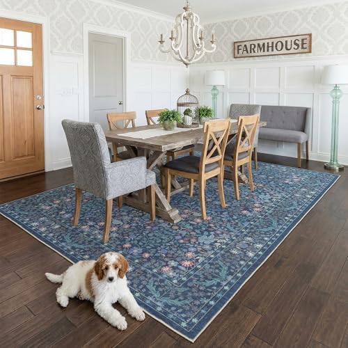 Washable Dining Room Rugs for Under Table - 6x9 Blue Floral Area Rug for Living Room, Low Pile Non Slip Floor Carpet for Bedroom, Vintage Distressed Ultra Soft Stain Resistance - Image 3