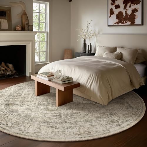 6ft Washable Round Rugs for Bedroom: Circle Living Room Rug Vintage Non Slip Low Pile Soft Faux Wool Non Shedding Boho Circular Rug for Entryway Kitchen Bathroom Office College Dorm Nursery Indoor - Image 2