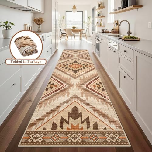 2x10Ft Boho Hallway Runner Rugs Non Slip, Light Brown Washable Kitchen Rug Runners, Soft Low Pile Geometric Moroccan Farmhouse Entryway Floor Carpet for Bedroom Home Decor - Image 3