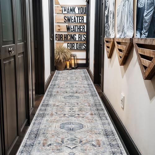 RUUGME Washable Runner Rug 2.6'x12' - Vintage Kitchen Area Rug Stain Resistant Rugs for Living Room Bedroom Laundry Room Mat Distressed Rug Hallway Floor Carpet Runner for Bathroom(Grey/Blue) - Image 3