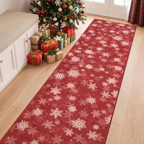 Christmas Runner Rug 2x8, Washable Snowflake Rugs for Living Room, Ultra-Thin Hallway Rug Runner Non Slip, Soft Red Holiday Decor Indoor for Entrance, Bedroom(2'x8', Red/White) - Image 5