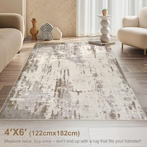 UERMEI 4x6 Area Rug Living Room Rugs - Washable Neutral Modern Abstract Soft Thin Rug Indoor Floor No Slip Rug Carpet for Bedroom Under Dining Table Home Office Decor - Brown/Grey/Beige - Image 3