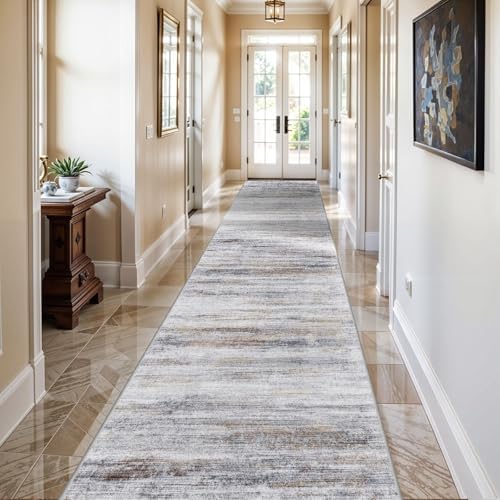 2x10 Washable Runner Rugs for Hallway: Easy-to-Clean Abstract Runners for Entryway Kitchen Dining Room- Stain and Water Resistant Rugs with Non-Slip Backing - Soft Low-Pile Carpet Beige Grey - Image 2