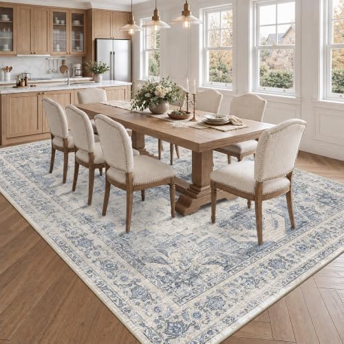 Washable 9x12 Bedroom Area Rug Soft Medallion Retro Blue Large Carpet - Image 4