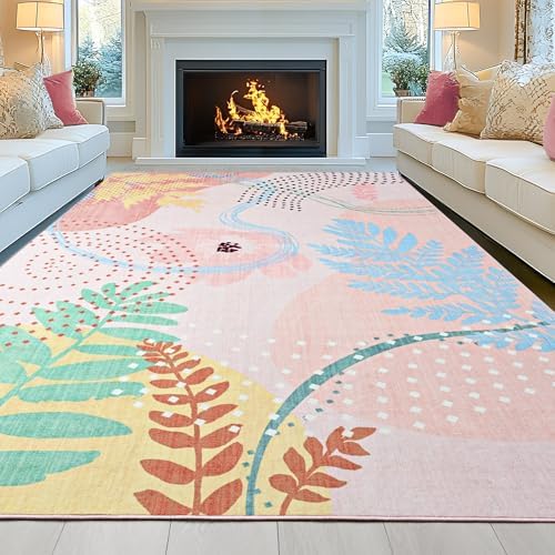 ST. BRIDGE Faux Wool Boho Floral Area Rug 5x8, Modern Pink Abstract Print Soft Carpet, TPR Non-Slip Backing, Machine Washable Low Pile Rug for Bedroom, Living Room, Kids Room, Playroom, Office by STBRIDGE