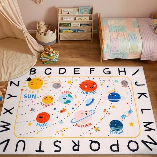 ABC Space Kids Rug,3'3" x 4'11" Non-Slip Solar System Alphabet Rugs, Washable Rug, Soft Plush Educational Large Rug for Classroom playroom Bedroom Kids Room Decor(for Age 2+) by LTKOUGFAM