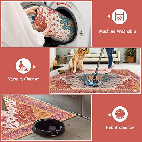 Moynesa Ultra-Thin Washable Vintage Area Rug - 3x5 Boho Girls Bedroom Non-Slip Non-Shedding Oriental Medallion Living Room Mat Indoor Carpet for Office Nursery Room, Pink/Teal/Multi - Image 3