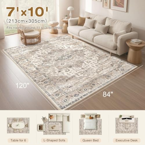 7x10 Area Rug: Washable Vintage Tea Brown Rugs for Living Room - Image 2