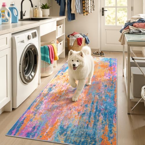 Entryway Rug 3x6 Rainbow Bedroom Area Rug Washable Non Slip Abstract Boho Rugs for Indoor Entry, Kitchen, Classroom, Bathroom, Kids Girls Room, Office, College Dorm Small Carpet by OmpaaHomeDecor