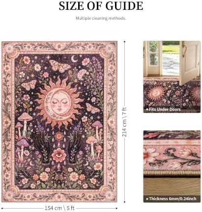 5x7 Black and Pink Area Rug Living Room Bedroom, Washable Boho Gothic Rug - Image 2