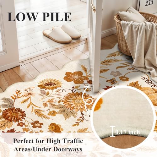 2x6 Fall Floral Kitchen Rugs: Washable Pumpkin Holiday Door Mat Beige-Gold - Image 3