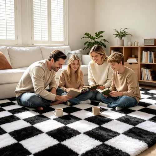 Large Area Rugs for Living Room Bedroom,9x12 Black and White Fluffy Soft Checkered Rug Fuzzy Shag Shaggy Carpet,Indoor Plush Floor Rugs for Teen Dorm Home Decor - Image 2