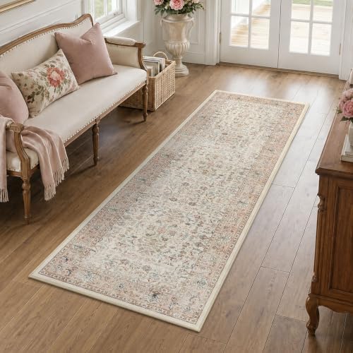 2x6 Washable Kitchen Runner Rug Non-Slip Vintage Pink Throw Carpet - Image 2