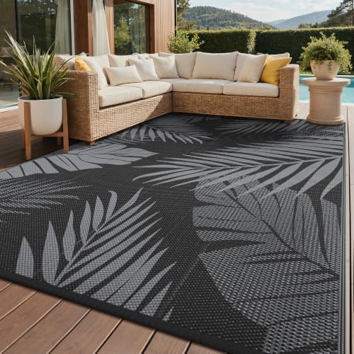 GENIMO Outdoor Rug, Waterproof Plastic Rugs for Patio, 8'x10' Black Grey by GENIMO