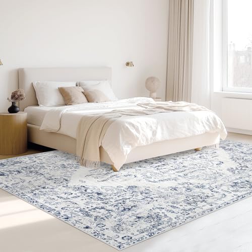 5x7 Area Rugs for Living Room: Washable Rug Vintage Large Rugs Soft Non Slip Low Pile Rug Floral Distressed Floor Carpet for Bedroom Kitchen Nursery Dining Room Home Office (Blue, 5'x7') - Image 3