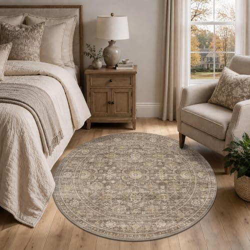 JOOJA 4x4 Tan Vintage Soft Low Pile Washable Boho Small Round Kitchen Rug - Image 4