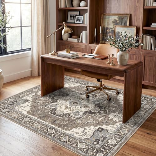 Washable Living Room Area Rug 5x6: Indoor Entryway Kitchen Rugs with Non-Slip Rubber Backing Large Vintage Stain Resistant Bedroom Carpet Non-Shedding Soft Thin Floor Mat for Dining Room(Beige,5x6) - Image 4