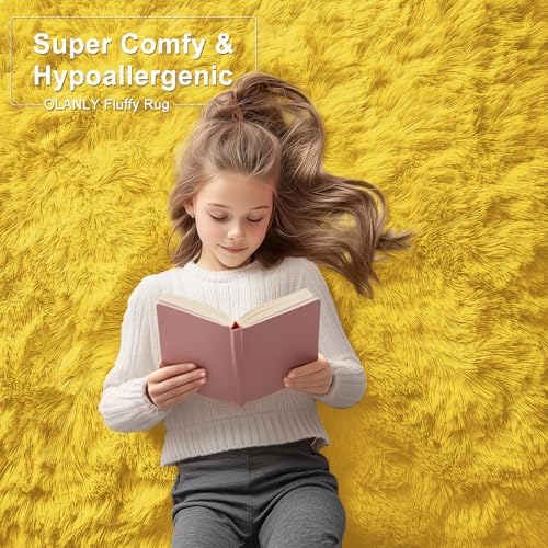 OLANLY 3x5 Machine Washable Small Bedside Rug, Soft Fluffy Shaggy Rugs for Living Room, Bedroom, Indoor Floor Carpet for Kids Girls and Boys, Preppy Dorms, Nursery, Home Decor Aesthetic, Yellow - Image 6