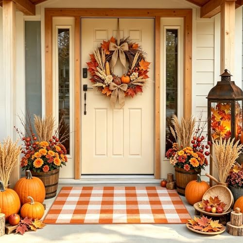 Buffalo Plaid Area Rugs 27.5x43.3 Inches Orange and White Checkered Rug Washable Front Door Mat Outside Entrance Hand Woven Cotton Outdoor Rug for Front Porch Kitchen Entryway Patio Bathroom by Unknown