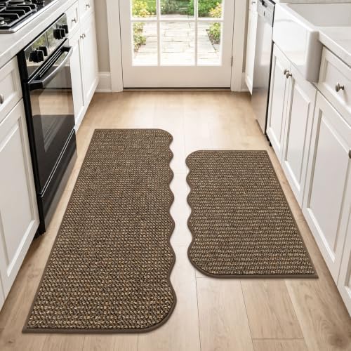 BEQHAUSE Kitchen Rugs Set of 2 Scalloped Edge, 17x30+17x48 in, Brown by BEQHAUSE