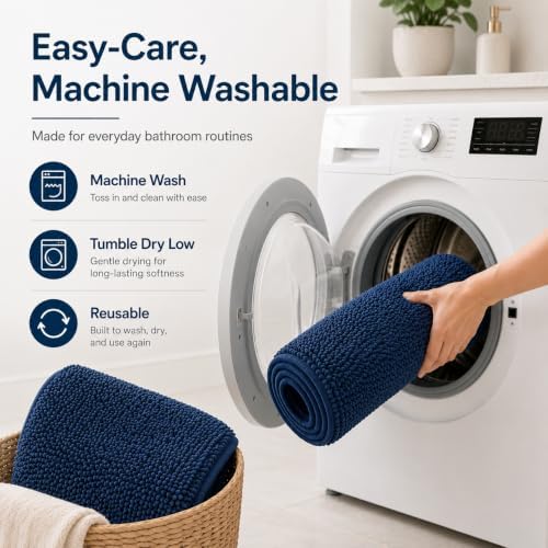 Indigo Blue Bathroom Rugs Non Slip Washable 3 Piece Extra Absorbent Shaggy Chenille and Mats Sets, Soft & Dry Bath Rug/Mat Sets for Carpets Set - Image 4
