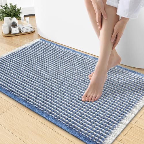 Smiry Waffle Bath Mat 30X18, Soft Absorbent Bathroom Rugs, Blue & Cream by Smiry