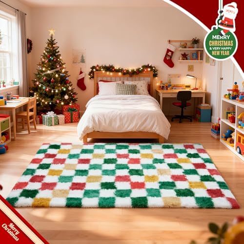 Christmas Area Rug 4x6 for Bedroom Living Room, Checkered Shag Rug Fuzzy Shaggy Bedside Carpet, Indoor Plush Floor Rugs for Holiday Home Decor - Image 4