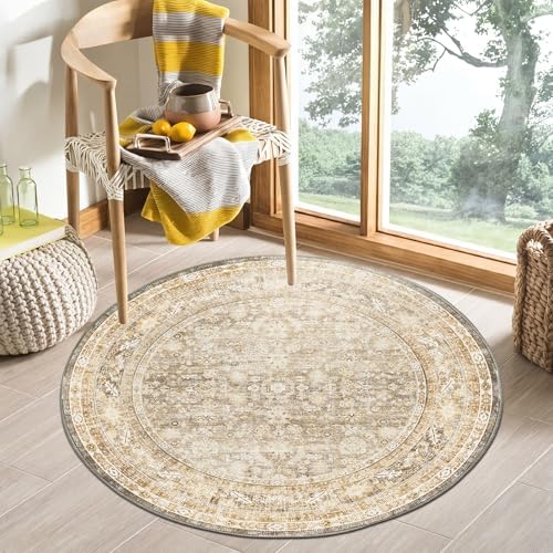 OPPODREAM Vintage Beige Area Rugs 4' Round, Washable Rug for Living Room by OPPODREAM