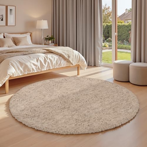 Beige Round Fluffy Rug 6ft Plush Fuzzy Shaggy Carpet - Image 3