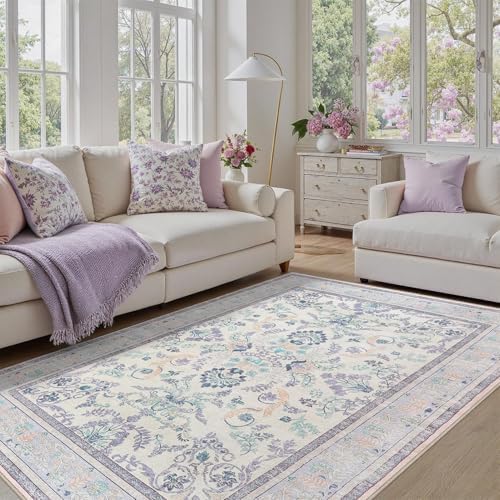 DCX Washable 4x6 Area Rug Purple Botanical Floral by DCXWashableRug