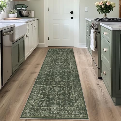 2x6 Washable Kitchen Runner Rug Non-Slip Boho Dark Green Throw Carpet by HOME
