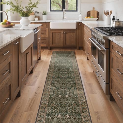 Bavni 2x10 Kitchen Runner Rug, Washable Non Slip, Dark Green Brown by BAVNI