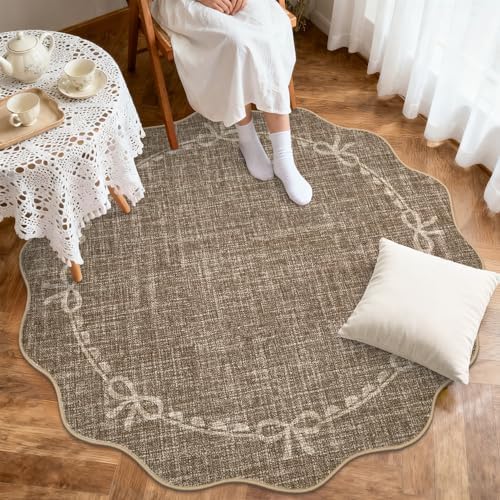 GarveeHome 5ft Round Rugs Washable Scalloped Bow Rug for Bedroom, Brown - Image 3
