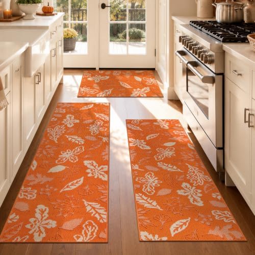 Ileading Fall Kitchen Rugs Set of 3 Piece Washable Orange Autumn Runner Rug by Ileading