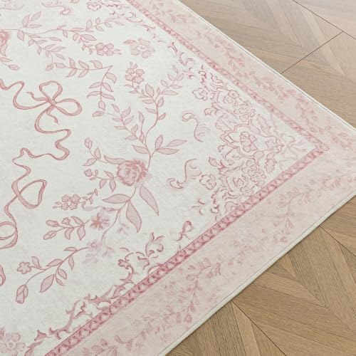 Pink Vintage Floral Area Rug 6x9 for Bedroom, Washable Cute Bow Cottage Core French Country Rose Shabby Chic Rug for Living Room Aesthetic Decor, Blush - Image 6
