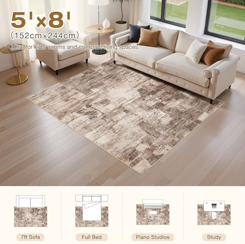 kakania Abstract 5x8 Area Rugs for Living Room: Washable Rugs Brown - Image 2
