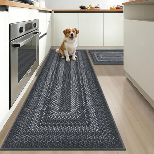 HEBE Faux Jute Kitchen Rugs Set of 2, Washable Kitchen Mats for Floor by HEBE