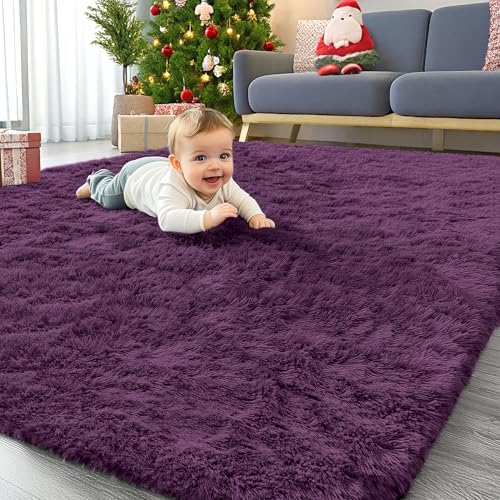 OLANLY Area Rugs for Living Room Bedroom, Machine Washable 4x5.9 ft Soft Fluffy Shaggy Bedside Rug, Indoor Floor Carpet for Kids Girls and Boys, Dorms, Nursery Rooms, Home Decor Aesthetic, Dark Purple by OLANLY