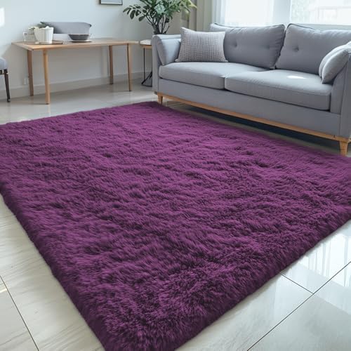 OLANLY 5x7 Machine Washable Large Area Rugs for Living Room, Bedroom, Soft Fluffy Shaggy Bedside Rug, Indoor Floor Carpet for Kids Girls and Boys, Dorms, Nursery, Home Decor Aesthetic, Dark Purple by OLANLY