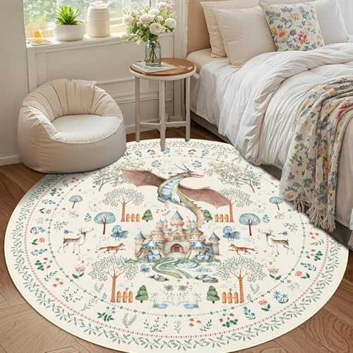 nesrt Washable Round Area Rugs for Living Room 8Ft Non Slip, Beige Dragon Forest Circle Dining Room Rugs Low Pile, Fantasy Animal Print Nursery Floor Carpets for Kids Bedroom Playroom Decor - Image 4