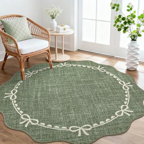 GarveeHome 6ft Round Rugs Washable Scalloped Bow Rug for Bedroom, Green by GarveeHome