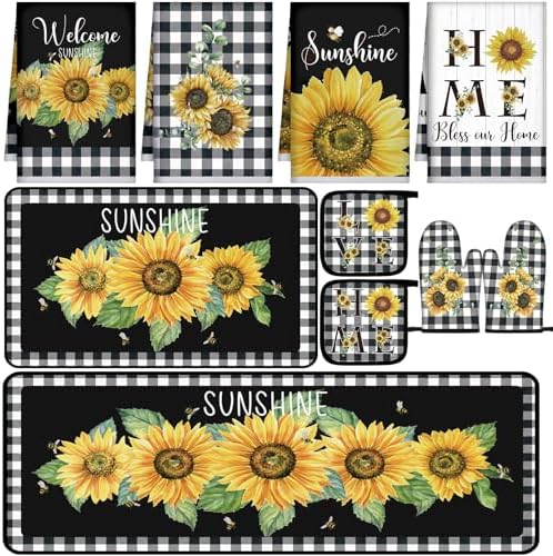 Fourluoo 10 Pcs Sunflower Kitchen Decor Set Black Buffalo Plaid by Fourluoo