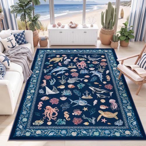 Arenarug 6x9 Washable Living Room Area Rug, Coastal Ocean Rug, Deep Navy by ArenaRug