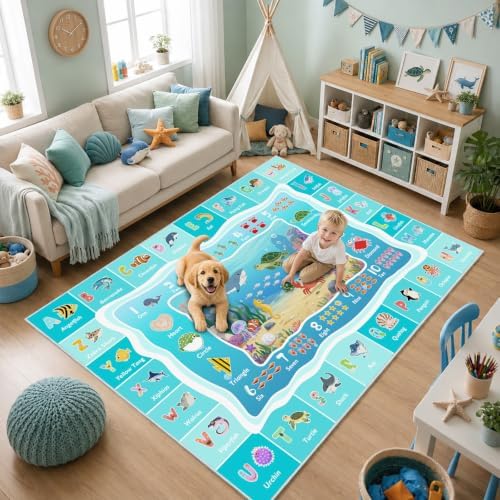 ABC Kids Ocean Rug for Playroom, 5x7 ft Alphabet Classroom Rug by GRAMBET