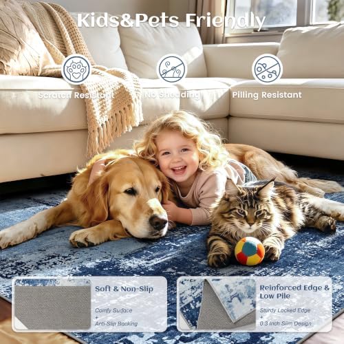 5x7 Rugs for Living Room - Modern Abstract Washable Rug, Ultra Soft Non Slip Low Pile Large Rugs, Floor Carpet for Bedroom Dining Room Office Laundry Nursery Home（Blue & White） - Image 5