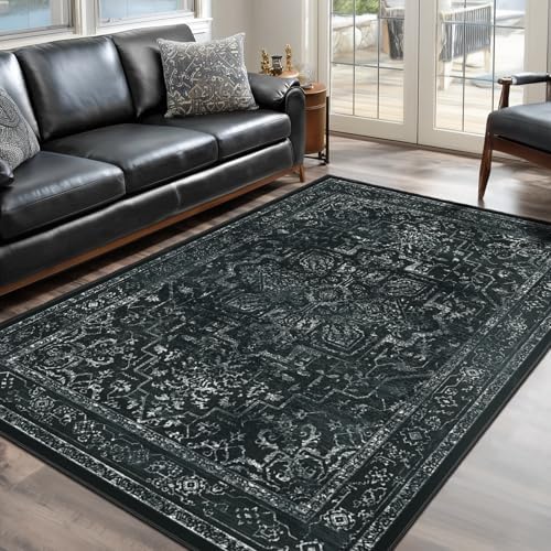 Vintage Dark Area Rugs 5x8, Non Slip Washable Rug for Living Room Bedroom, Medallion Distressed Printed Low Pile Thin Carpet Rugs for Dining Room/Kitchen/Home Office, Black and White by Jainmy