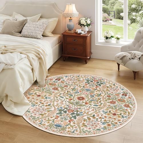 Round Rug 5ft Floral Circle Rug Beige Botanical Indoor Area Rugs - Image 2