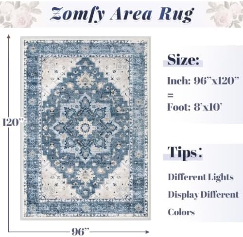 Area Rug 8x10 Vintage Rug: Large Washable Indoor Medallion Rugs Low Pile Distressed Floor Carpet Retro Accent Rug for Living Room Bedroom Kitchen Dining Table Home Office(Blue, 8'x10') - Image 2
